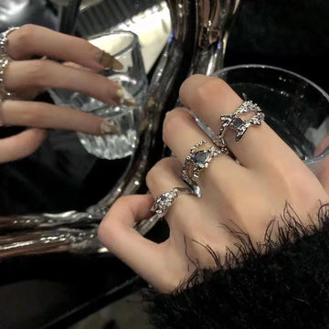 DAIIIBABYYY  -  Punk Silver Color Geometric Moonlight Stone Finger Rings for Women Korean Fashion Kpop Rhinestone Opening Ring Jewelry